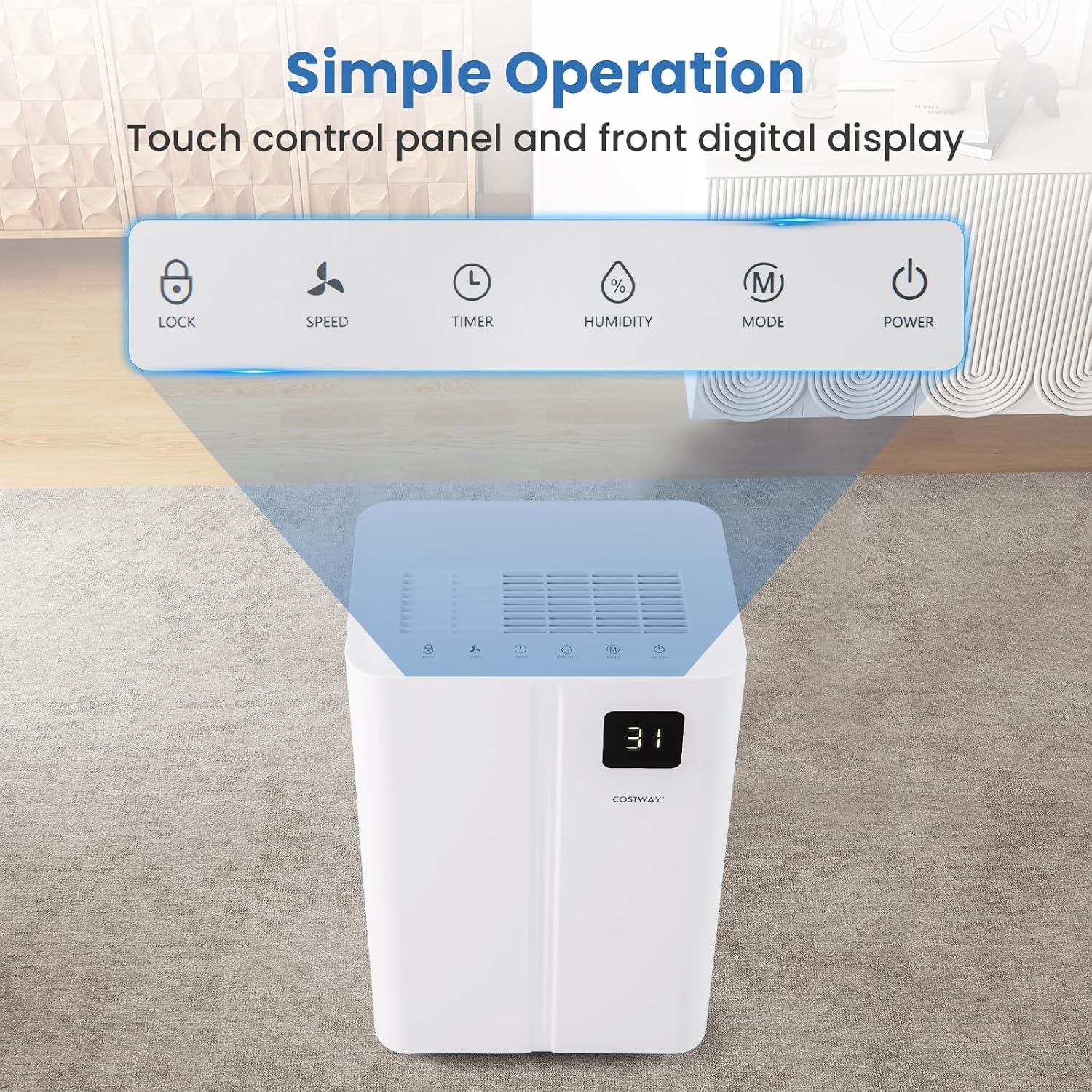 COSTWAY 54 Pints Dehumidifier for Basement, 4500 Sq.Ft Dehumidifier with 3 Modes, 24H Timer, LED Display, 3-Color Indicator Light, Child Lock, Drain Hose & Auto Defrost for Bathroom Bedroom