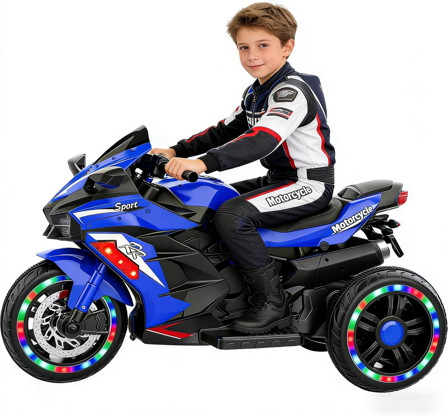 WIIS' IDEA Kids Ride On Motorcycle,12V Electric Battery Powered Ride On Bike,3 Wheels Electric Motorcycle for Kids Ages 3-6 Years with Hand Racing,LED Light-Emitting Tyres,PU seat,Toy Gifts,Blue