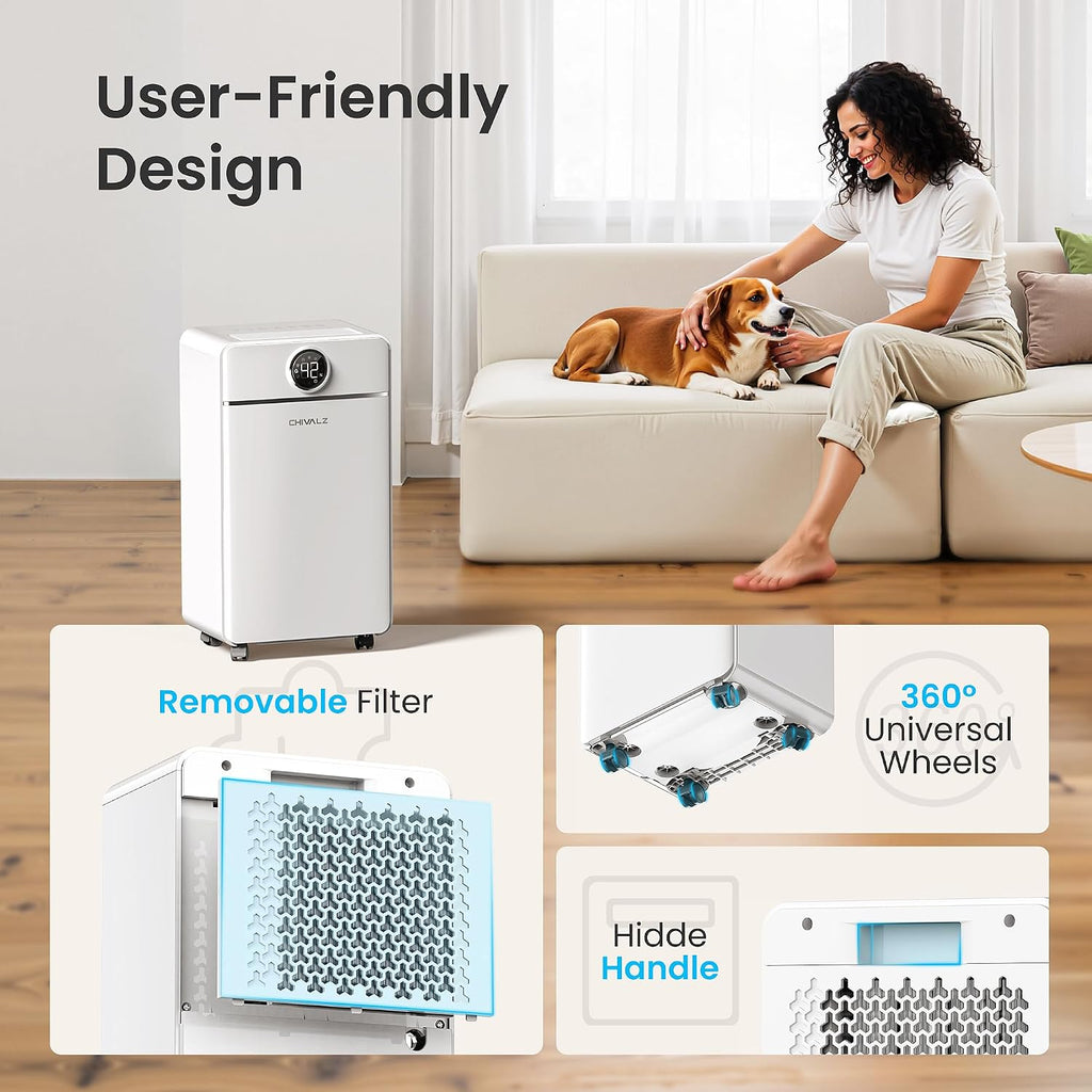 CHIVALZ 1800 Sq.Ft Dehumidifier for Basement, Quiet Dehumidifier for Home, Bedroom, Bathroom, Humidity Display, with Drain Hose, Auto Shut Off, 3 Modes, Timer, Auto Defrost, Child Lock, White 1Pack