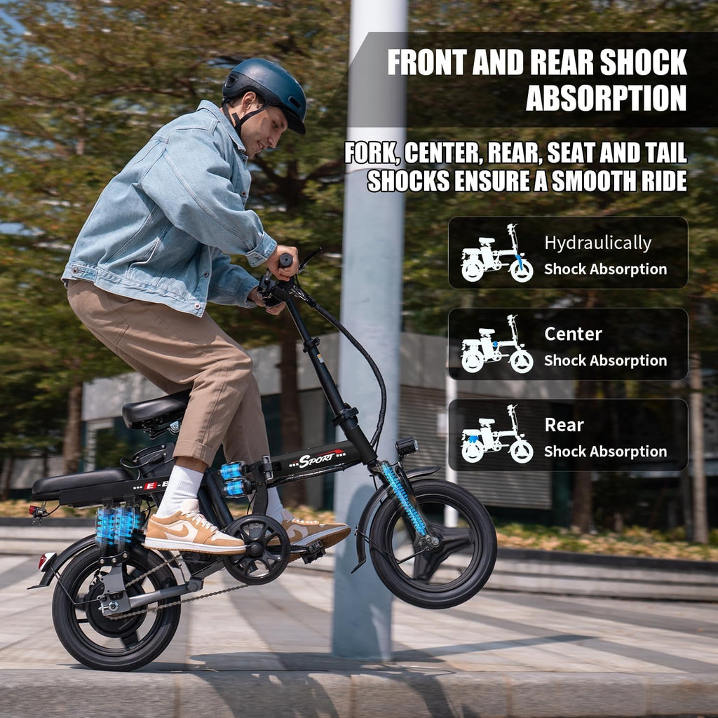 ASKGO Electric Bike for Adults Teens, 800/1200W Peak Folding Ebike, 22/25MPH & 30/45 Miles Range, Dual Suspension & Dual Brake, 3-Speed Modes, 14' Portable Electric Mini Bike, Commuting Ebike