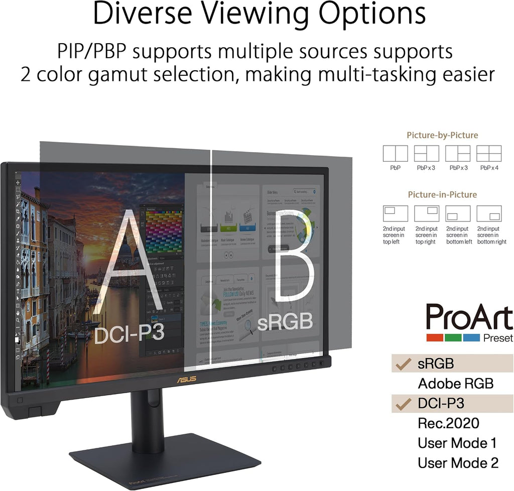 ASUS ProArt Display 24' 4K 12G-SDI HLG Professional Monitor (PA24US) - IPS, UHD (3840 x 2160), 99% Adobe RGB, 95% DCI-P3, ΔE < 1, USB-C, Built-in Motorized Colorimeter, Calman Ready, 3 Year Warranty
