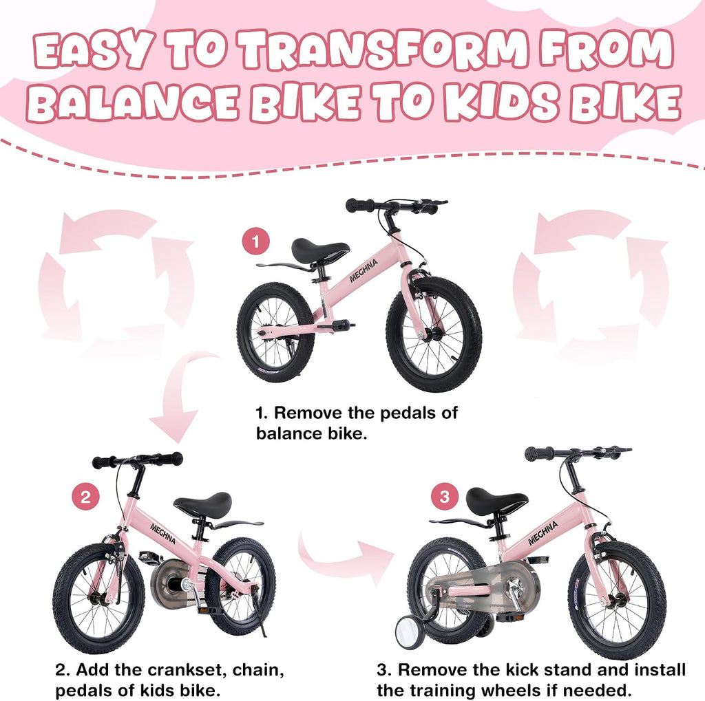 ZUKKA Toddler Balance Bike 2 in 1 with Detachable Training Wheels 14 Inch Kids Bike Aged 3-7 Years Old with Adjustable Seat Handlebar and Coaster Brake for Boys Girls