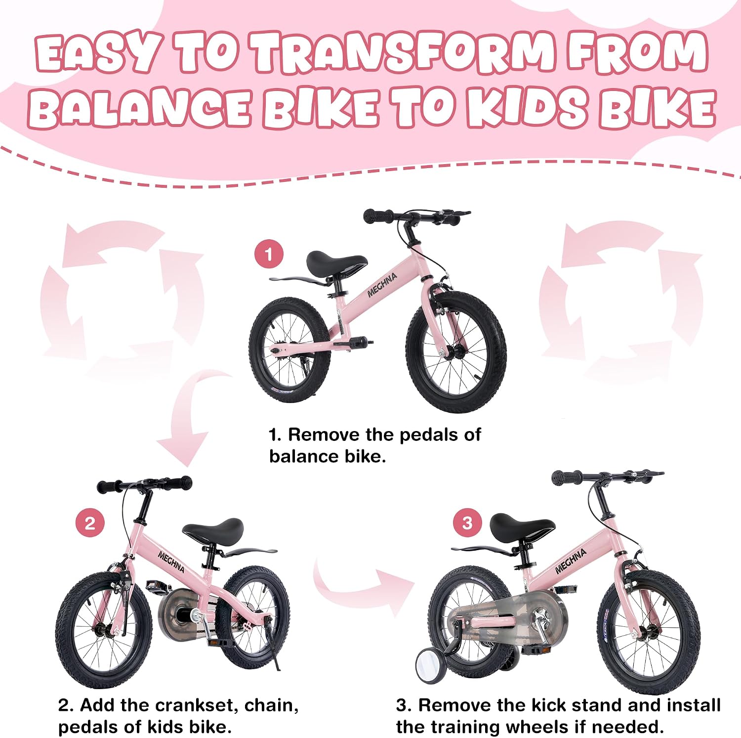 ZUKKA Toddler Balance Bike 2 in 1 with Detachable Training Wheels 14 Inch Kids Bike Aged 3-7 Years Old with Adjustable Seat Handlebar and Coaster Brake for Boys Girls