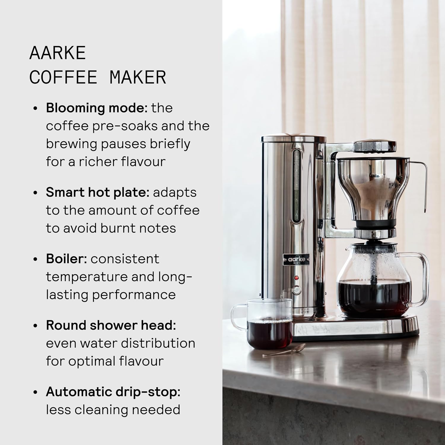 aarke Coffee Maker - Electric Drip Brewer with Automatic Drip-Stop, Glass Carafe, Brews Full Pot in Under 6 Minutes, SCA certified, Stainless Steel