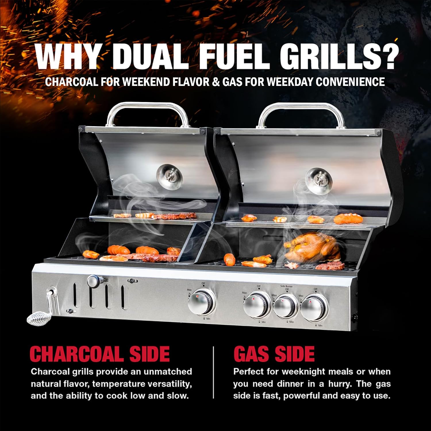 3 Burner Propane Gas and Charcoal Grill Combo with Side Burner & Porcelain-Enameled Cast Iron Grates, 37,000 BTUs 685 SQIN Dual Fuel Outdoor BBQ Grill for Patio Garden Picnic Backyard Barbecue Cooking