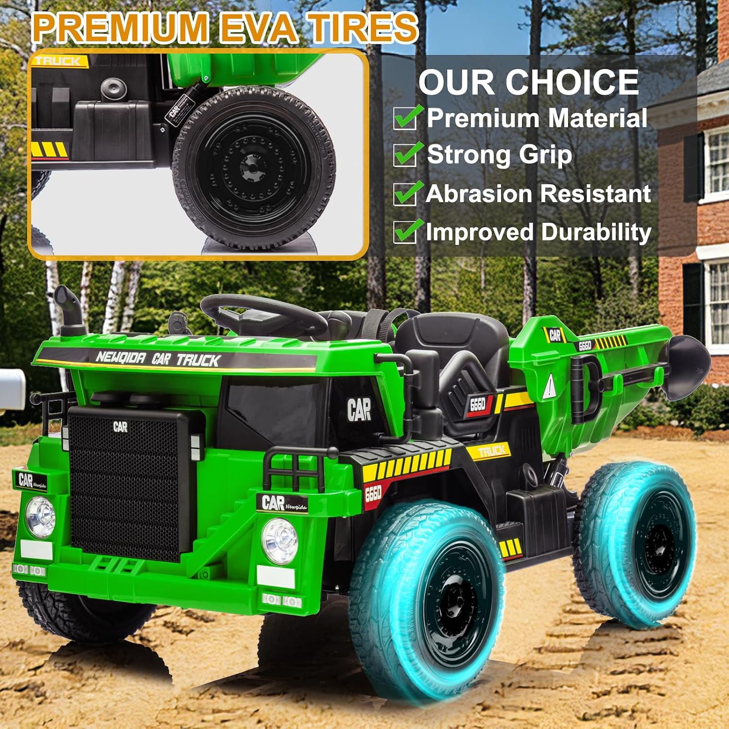NEWQIDA 24V Ride on Dump Truck, Kids Electric Car with Remote Control, Ride on Construction Vehicles w/Electric Dump Bed, Shovel, 2x75W Powerful Motors, Up to 4.4Mph, EVA Tires, Soft Start, Green