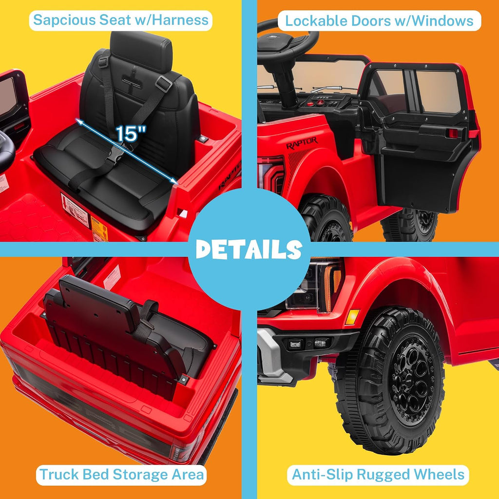 ENYOPRO 12V Licensed Ford Raptor Kids Ride On Truck, Electric Toy Car for Children w/Parent Remote Control, LED Lights, Bluetooth, Battery-Powered Ride On Car for Boys & Girls Ages 3 and Up, Red