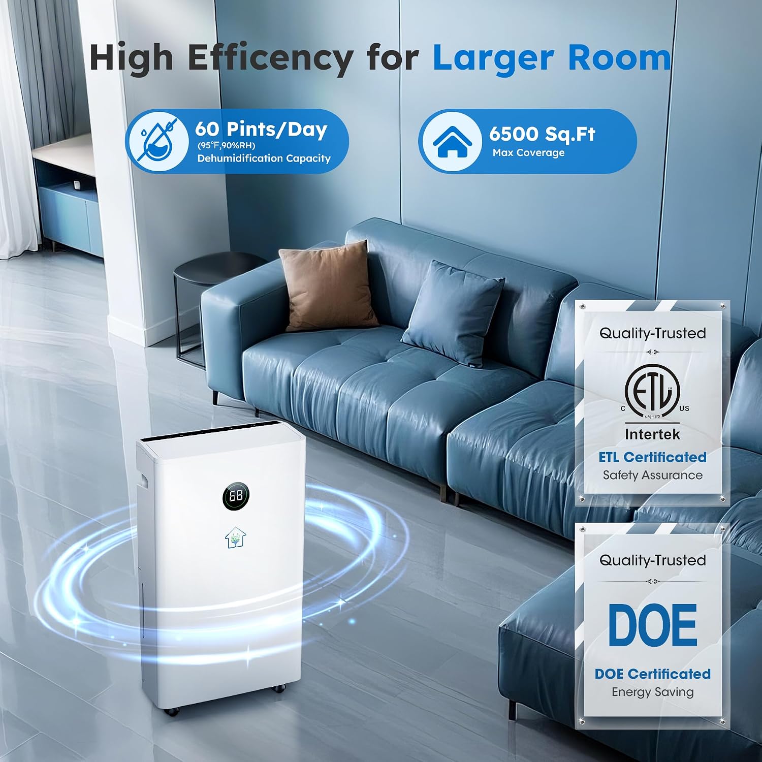 6,500 Sq. Ft Smart Dehumidifier for Basement With Drain Hose, 60 Pints Dehumidifiers for Home, Auto Defrost, Ideal for Large Room, Bathrooms & Bedrooms (White)