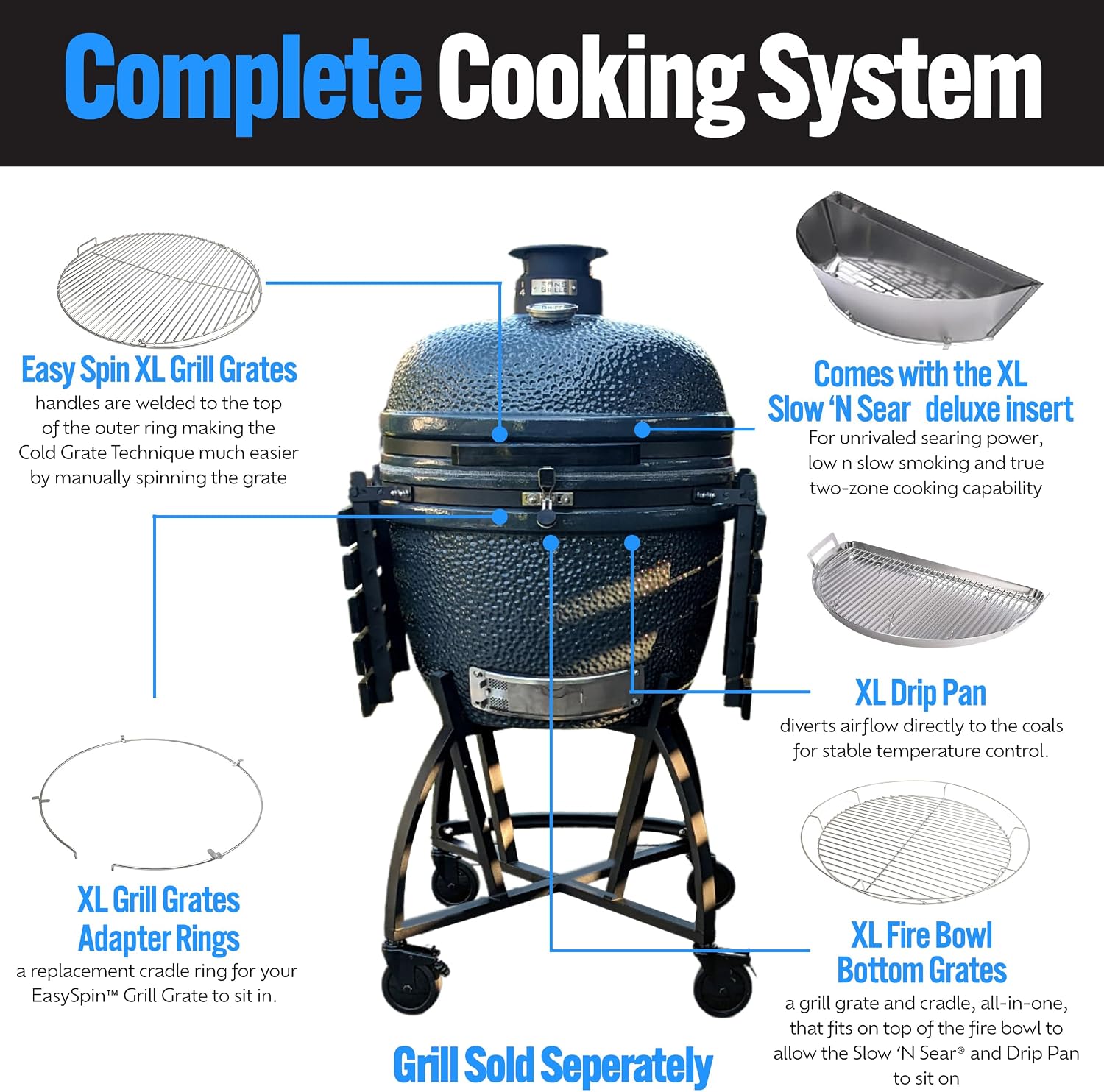 SnS Grills Slow 'N Sear® 5-Piece Cooking System - Patented Charcoal Basket with Removeable Water Reservoir, EasySpin Grate, Drip Pan for Low 'N Slow Smoking & Charcoal Grilling on Big Green Egg XL
