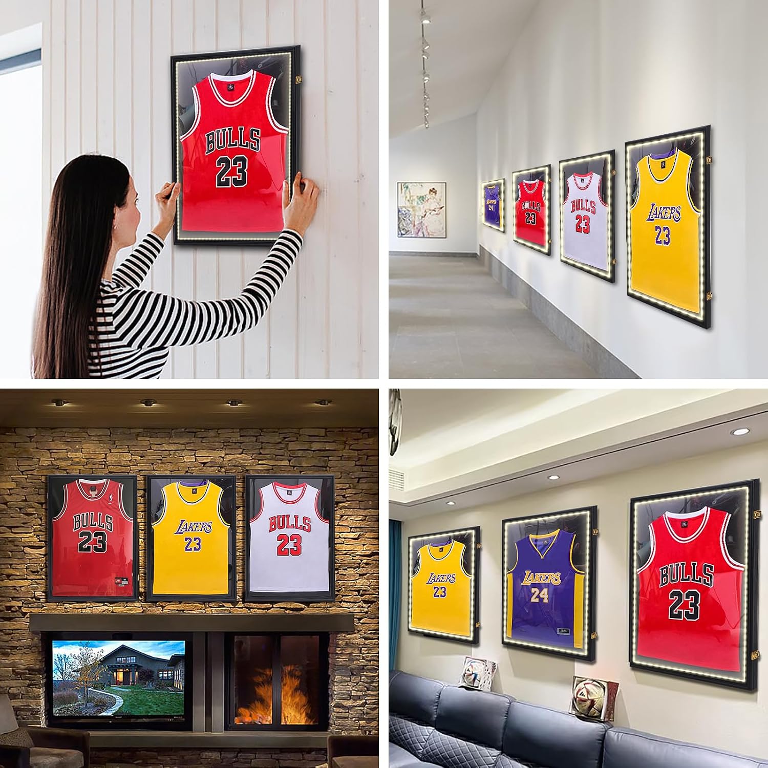 Nice C Jersey Frame Display Case with Lights, Jersey Shadow Box Display Case, Football Jersey Display Case with LED, 98% UV Protection, Valet Pinboard, Acrylic, Basketball (LED-4 Pack), Black
