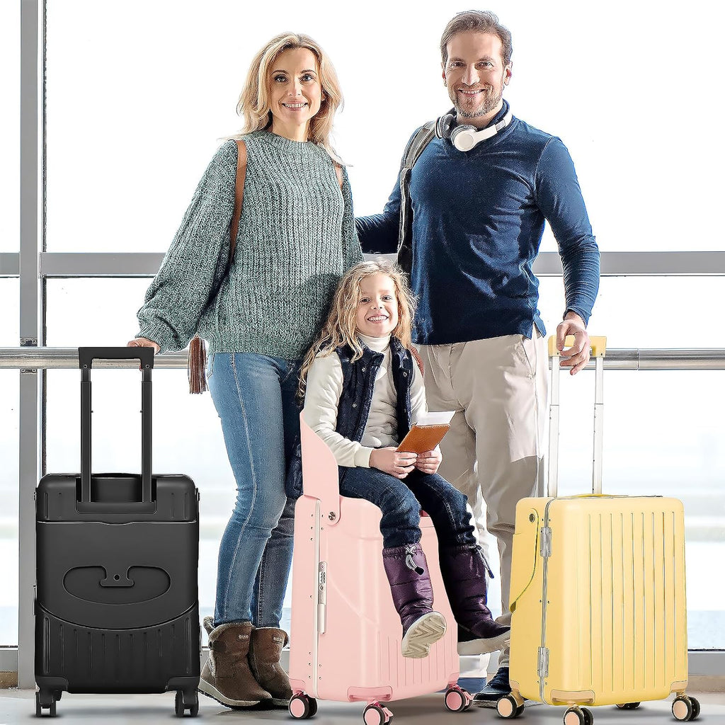 smilesun 22' Carry On Luggage with Seat For Kids & Adults，Hardside Ride On Suitcase Front Opening with 360°Spinner and TSA Lock For Travel (Black with Front Open, 22')