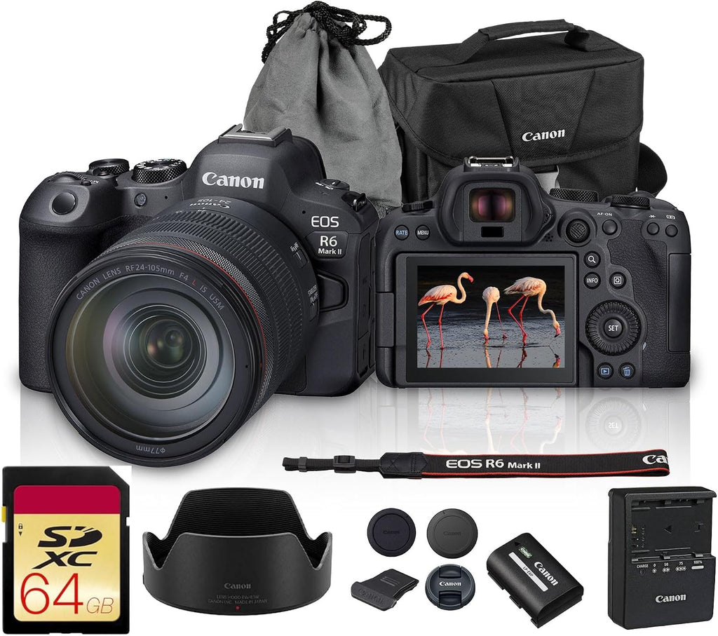 Canon EOS R6 Mark II Mirrorless Camera Kit with RF 24-105mm f/4 Lens | 24.2MP Full-Frame, 4K 60fps, Dual Pixel CMOS AF II, Vlogging & Professional Photography (5666C011) + 64GB Card + Shoulder Bag