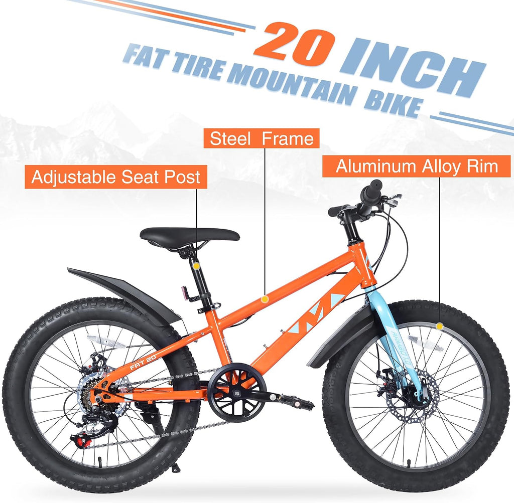 WEEROCK Kid Bike 20/24 Inch Kids MTB Child Mountain Bicycle with 7 Speeds, Steel Frame,20/24 * 3.0 Inch Fat Tires for 5+ Years Old Boys, Girls, Children,Students, Junior, Multip Color