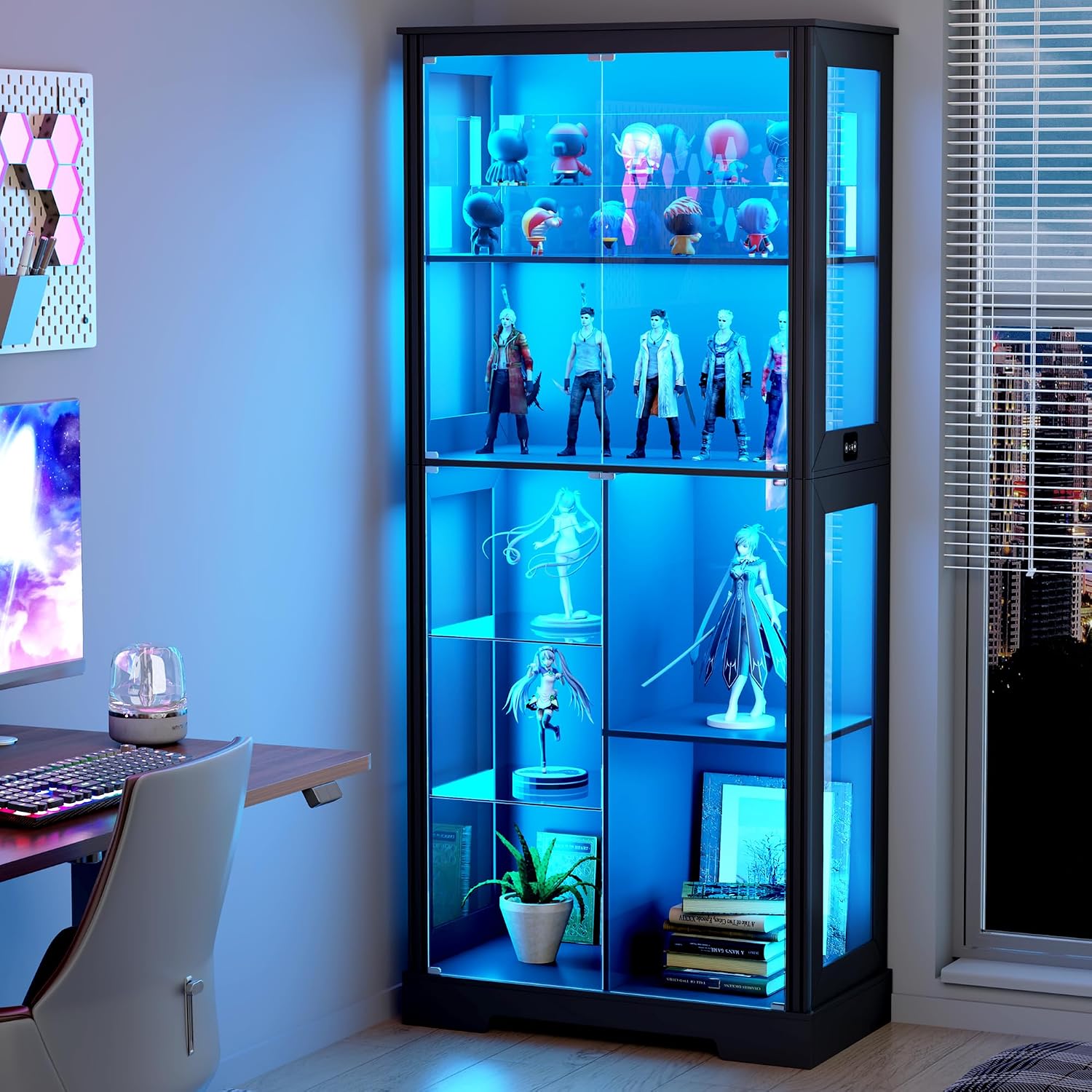 Lvifur 71' Display Cabinet with Glass Doors, LED Curio Cabinet with 3 Lights for Living Room, Modern 7-Tier Glass Display Case for Collectibles, Tall Storage Cabinet with Human Body Sensor, Black