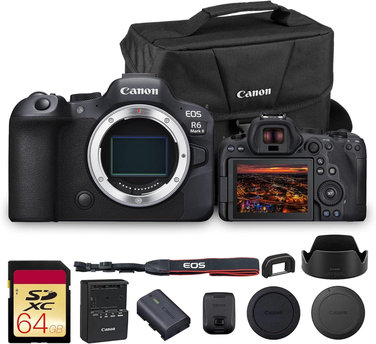 Canon EOS R6 Mark II Mirrorless Camera Body Only (5666C002) 24.2MP Full-Frame CMOS Sensor, 4K 60p Video, Dual Pixel CMOS AF II | Fast Continuous Shooting with Shoulder Bag and 64GB Memory Card