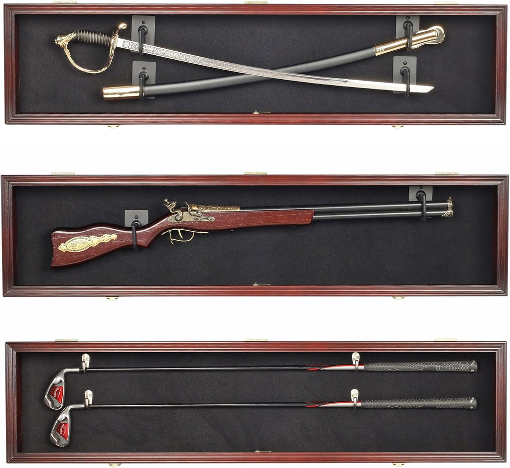 ONE 44' Long Rifle Gun Shotgun, Saber, Sword or Golf Club Display Case Cabinet Rack Putter Shadow Box w/98% UV Protection Lockable Door Mahogany Finish