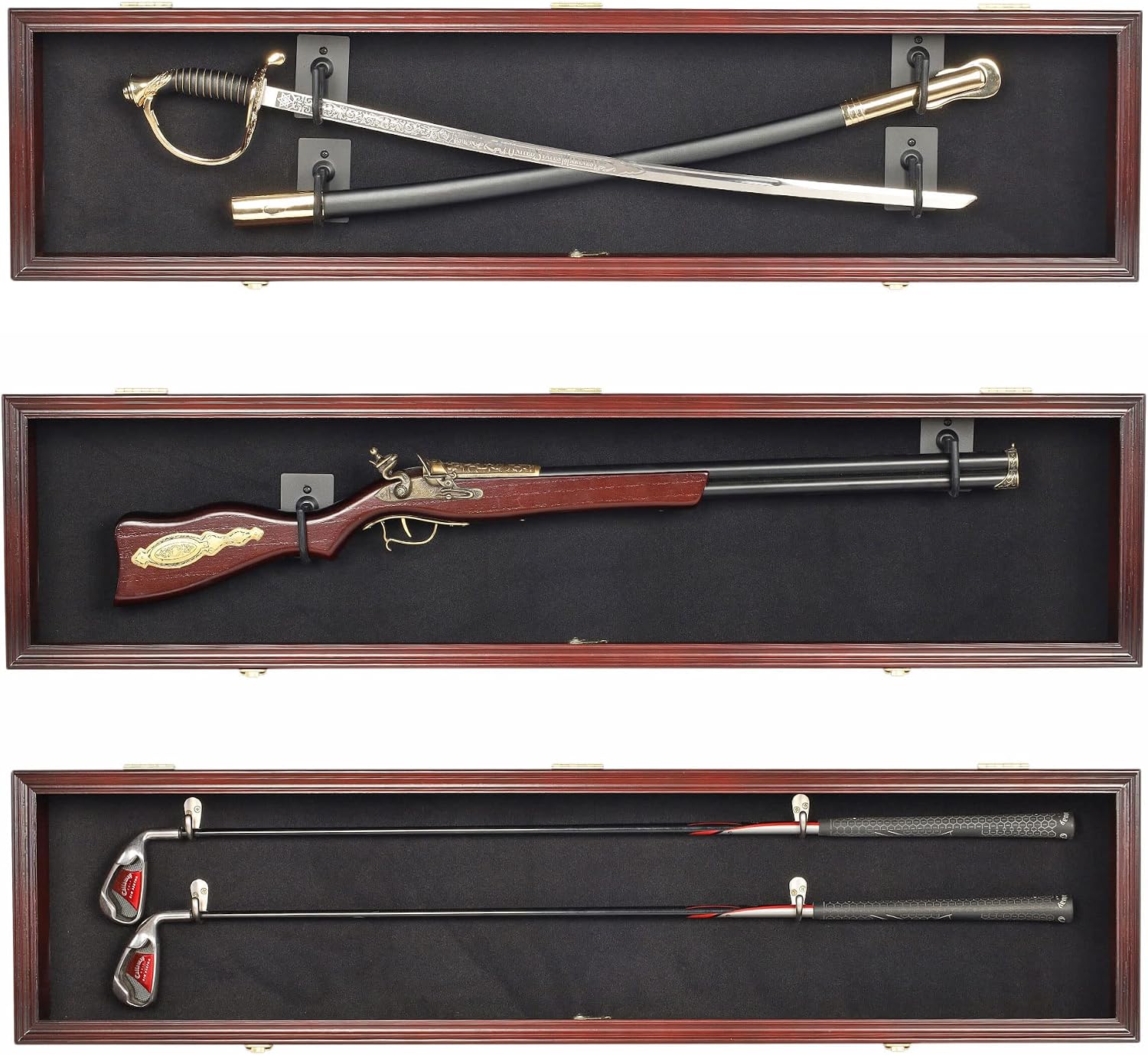 ONE 44' Long Rifle Gun Shotgun, Saber, Sword or Golf Club Display Case Cabinet Rack Putter Shadow Box w/98% UV Protection Lockable Door Mahogany Finish