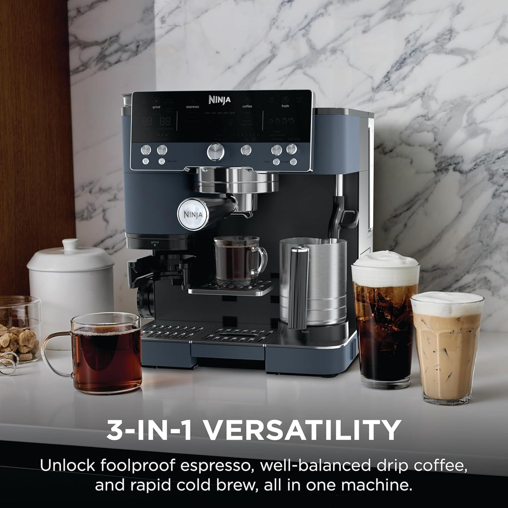 Ninja Luxe Café Premier 3-in-1 Espresso Machine, Drip Coffee, & Rapid Cold Brew | Built-in Coffee Grinder, Hands-Free Milk Frother, Assisted Tamper for Cappuccinos & Lattes | Cyberspace | ES601CY