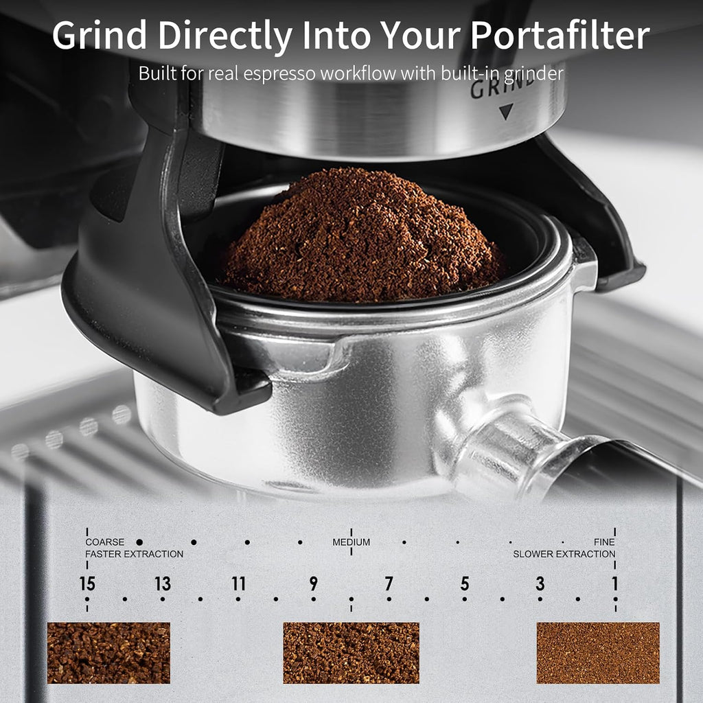 URintells Cuising Espresso Machine with Grinder, All-in-One Coffee Maker with PID Temperature Control & 15 Bar Italian ULKA Pump, Stainless Steel Barista Machine for Home Latte & Cappuccino