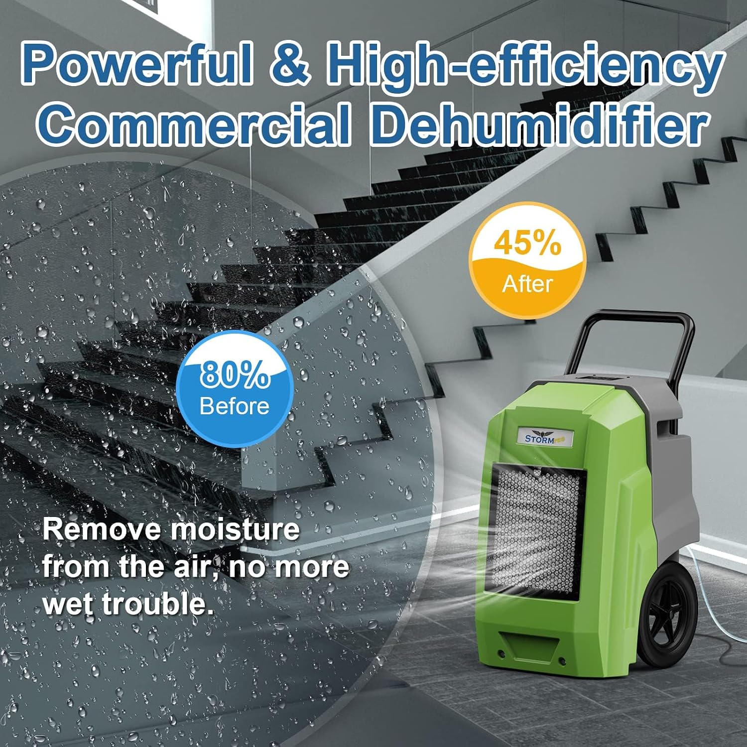 ALORAIR 180Pints LGR Industrial Dehumidifier with Pump and Drain Hose, Portable Commercial Dehumidifier with Wheels for Home, Basements, Garages, and Job Sites, Green