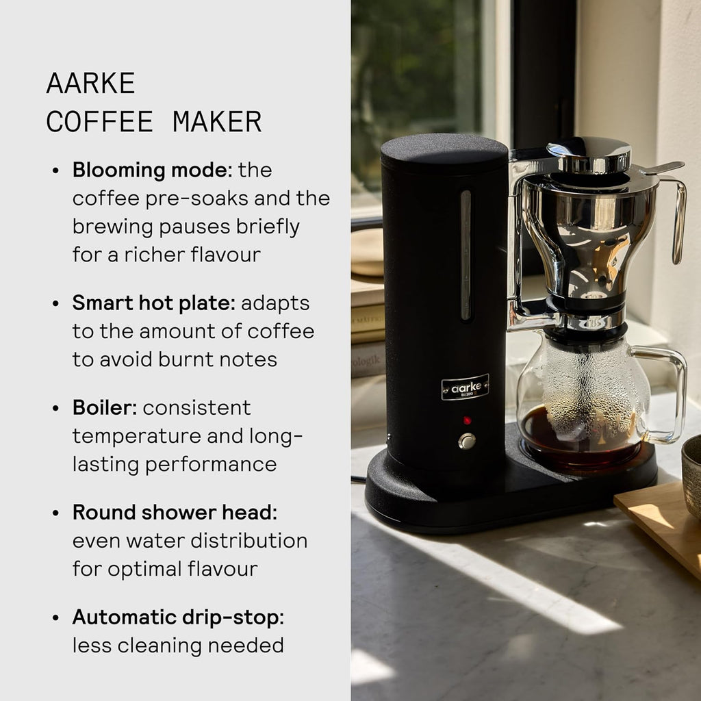 aarke Coffee Maker - Electric Drip Brewer with Automatic Drip-Stop, Glass Carafe, Brews Full Pot in Under 6 Minutes, SCA certified, Matte Black