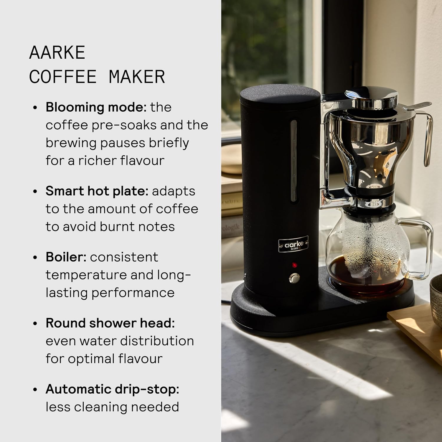 aarke Coffee Maker - Electric Drip Brewer with Automatic Drip-Stop, Glass Carafe, Brews Full Pot in Under 6 Minutes, SCA certified, Matte Black