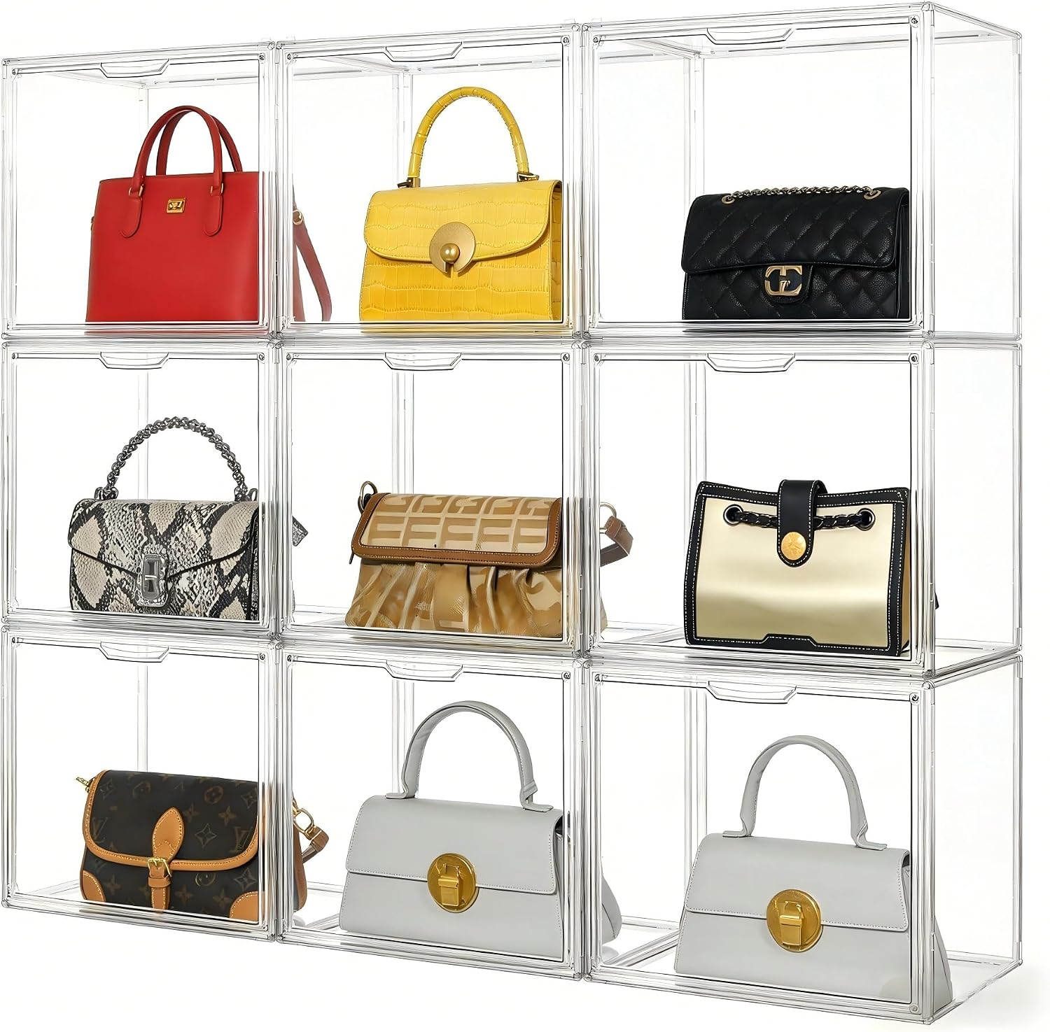 Purse Organizer for Closet,9 Pack Clear Acrylic Display Case for Handbag Organizer, Purse Storage Box with Magnetic Door, Plastic Storage Bins for Book, Collectibles