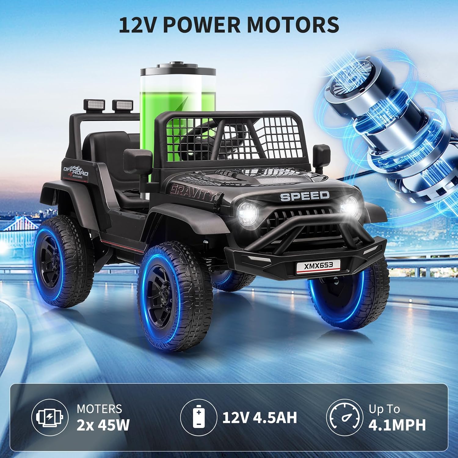 12V Kids Ride on Car Truck, Kids Electric Vehicles Car Ride on Toy Extra Wide Seat and Legroom for Toddlers with Remote Control, 3 Speeds, LED Light, Music, USB for Children 3-6 Years, Black