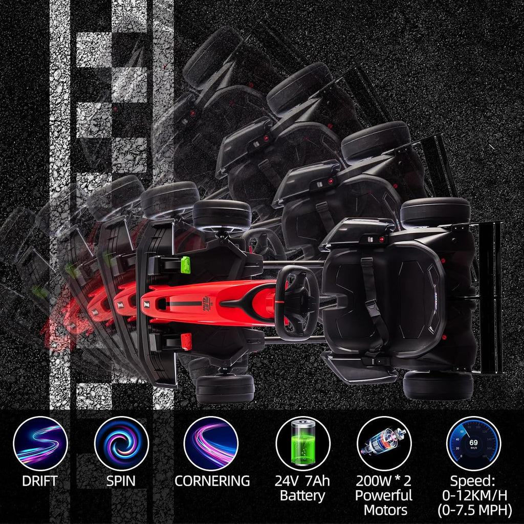 GarveeLife 24V Kids Ride on Go Kart, 7.5 mph Variable High Speed Drifting Car, 7ah Battery 200W*2 Motors,Adjustable Legroom for Kids Grows, Max Load 135 LBS, Power Display Racing Toy for 6+,Red