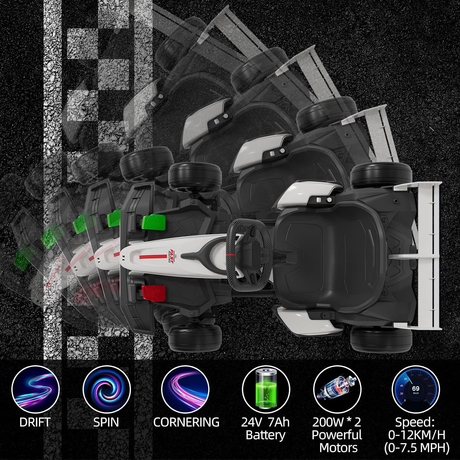 GarveeLife 24V Kids Ride on Go Kart, 7.5 mph Variable High Speed Drifting Car, 7ah Battery 200W*2 Motors,Ajustable Legroom for Kids Grows, Max Load 135 LBS, Power Display Racing Toy for 6+,White