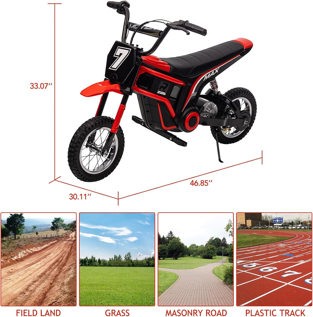 24V 350W Electric Dirt Bike for Kids – 3-Speed Modes, 14.29MPH Max Speed, ASTM-Certified Safe Motorcycle with Shockproof Suspension, Best Gift for Boys & Girls