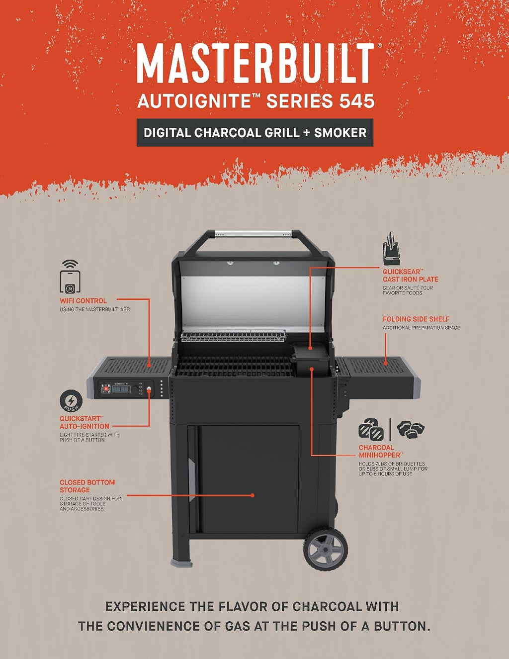 Masterbuilt AutoIgnite 545 Digital Charcoal Grill and Smoker Combo for Easy Grilling, Digital Control, App, Sear Plate, Mini Hopper and 545 BBQ Cooking Square In. in Black