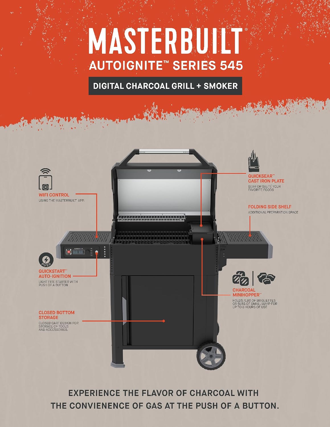 Masterbuilt AutoIgnite 545 Digital Charcoal Grill and Smoker Combo for Easy Grilling, Digital Control, App, Sear Plate, Mini Hopper and 545 BBQ Cooking Square In. in Black