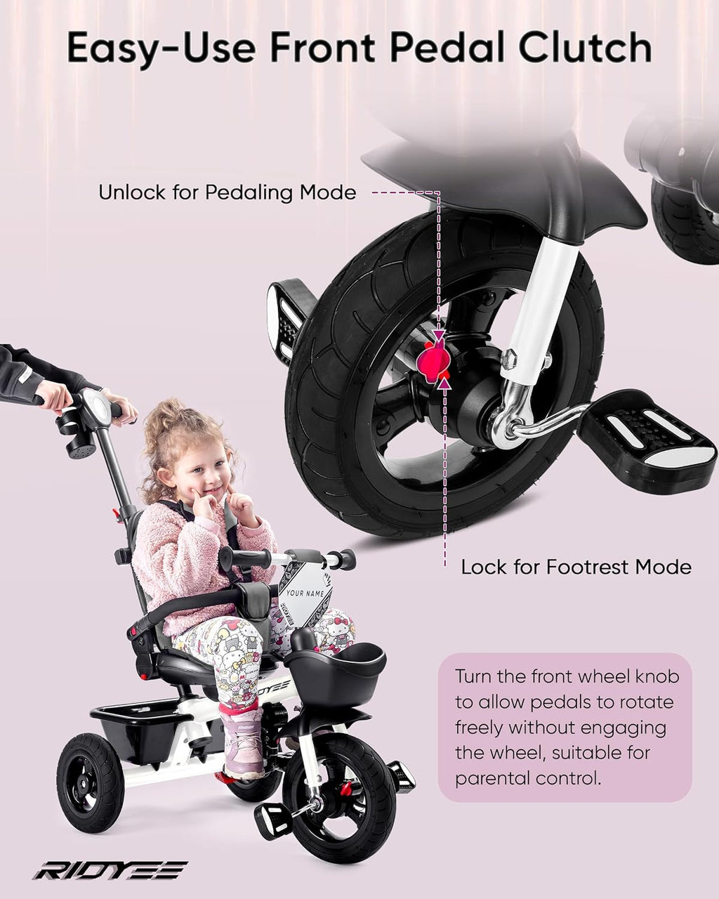 RIDYEE 7-in-1 Tricycle for 18 Months to 5 Years, All-Terrain Rubber Tires, Dual Wheel Brakes, Rotatable Seat for Toddlers 1.5-3, Tricycle for 3-5 Years with DIY Stickers, White