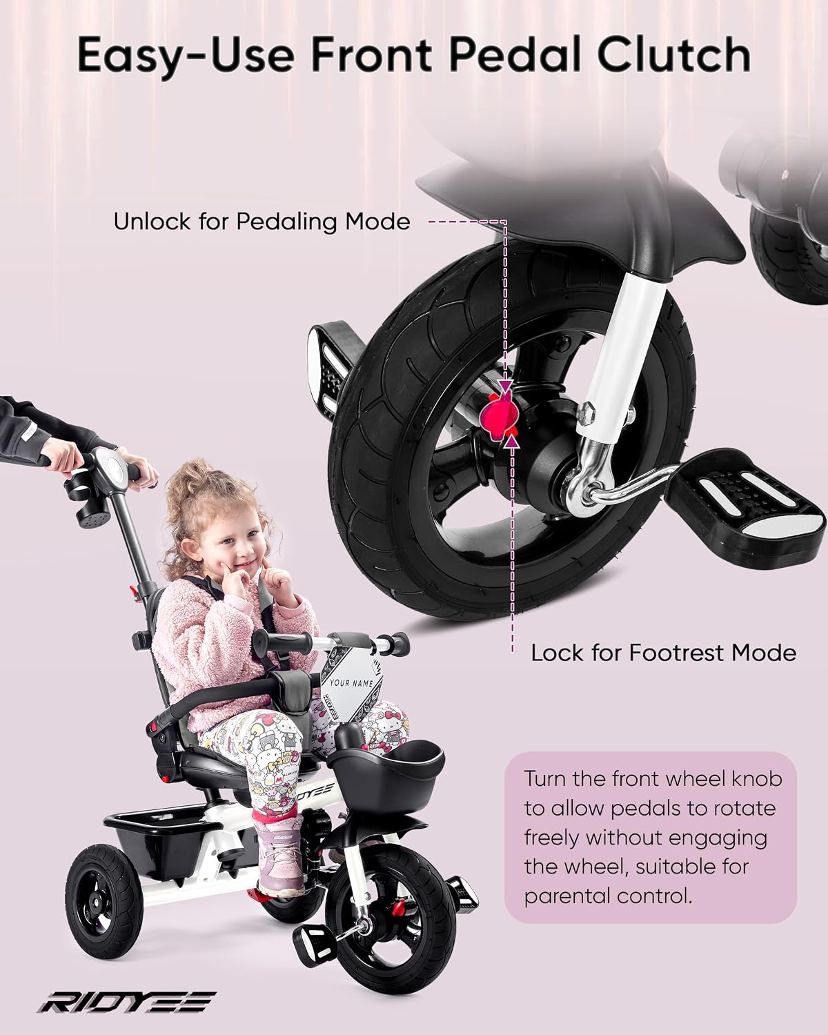 RIDYEE 7-in-1 Tricycle for 18 Months to 5 Years, All-Terrain Rubber Tires, Dual Wheel Brakes, Rotatable Seat for Toddlers 1.5-3, Tricycle for 3-5 Years with DIY Stickers, White