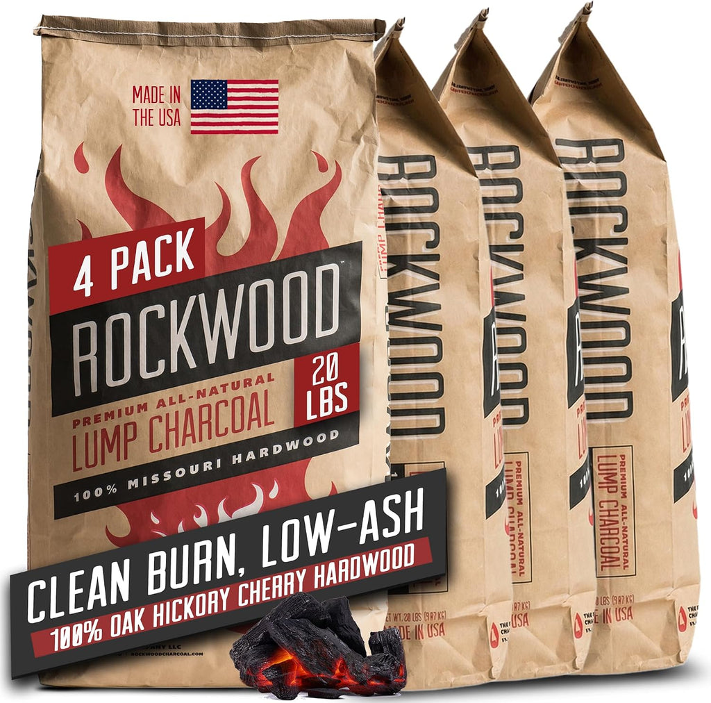 Rockwood Natural Lump Charcoal – Hardwood Lump Charcoal Blend of Oak, Hickory & Cherry for Clean Burn, High-Heat Grilling & Smoky Flavor Barbecue – Ideal for Kettle & Kamado Grills – 20lbs (4 Packs)