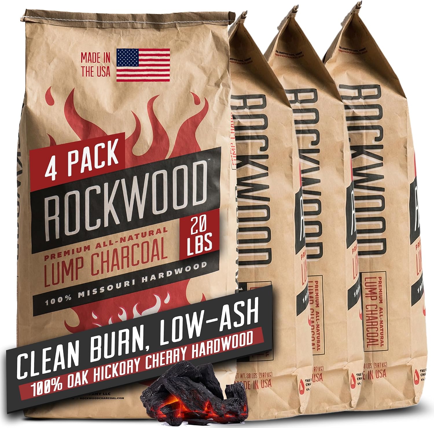 Rockwood Natural Lump Charcoal – Hardwood Lump Charcoal Blend of Oak, Hickory & Cherry for Clean Burn, High-Heat Grilling & Smoky Flavor Barbecue – Ideal for Kettle & Kamado Grills – 20lbs (4 Packs)