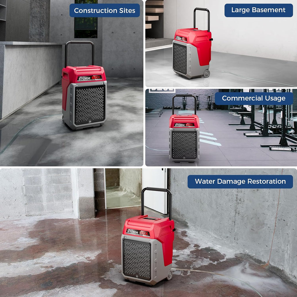 ALORAIR 170 PPD Commercial Dehumidifier with Pump & Drain Hose, LGR Industrial Use, Portable Dehumidifier with Wheels for Water Damage Restore, Carpet Drying, Storm 80X (Red)