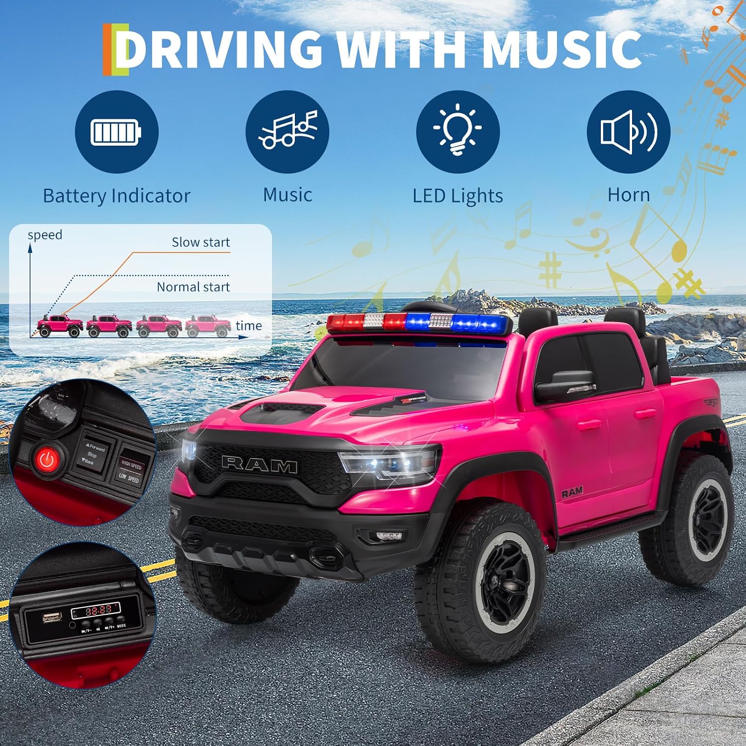 Garvee Ride On Car, Licensed RAM 12V Kids Ride On Police Car with Remote Control, Electric Pickup Truck for Toddlers, 3 Speeds, Spring Suspension, LED Lights & Parent Safety Lock