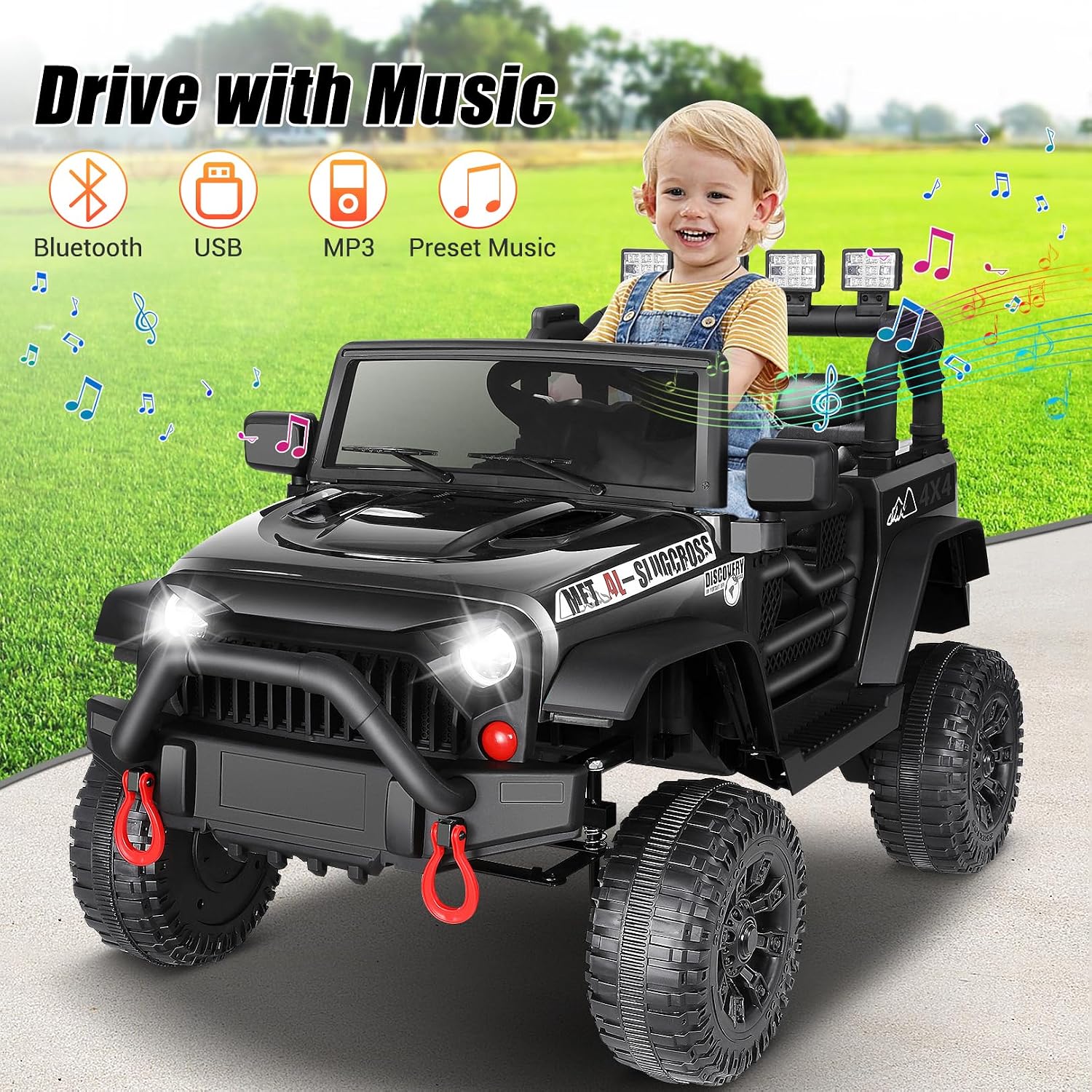 Hikole 24V Ride on Car w/Remote Control, Battery Operated Vehicles for Boys&Girls, Upgraded 2×200W Motors,Off-Road Power Wheels Truck, LED Lights, 3 Speeds, Gift, Black-24V-1 Seater