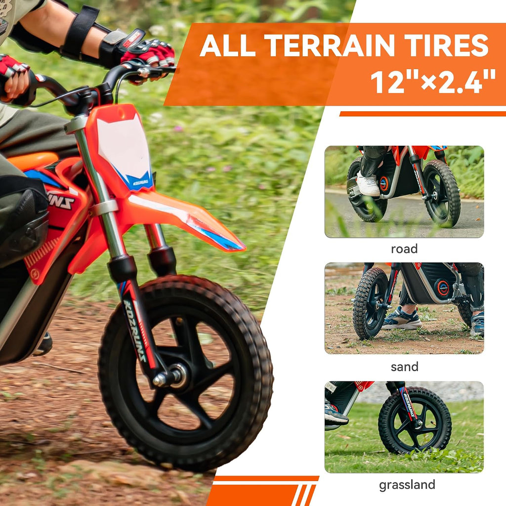 Electric Dirt Bike for Kids, Powerful Motorcycle for Ages 3-6, 24V 2.6Ah Lithium Battery, Dual Shock Absorption, 2 Speed Modes, Safe Disc Brake, 12Inch Off Road Tires, Orange