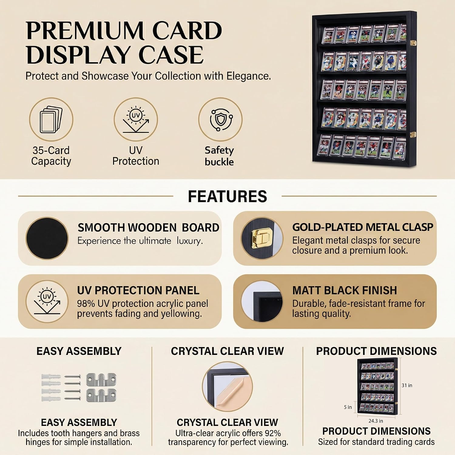 35 Baseball Card Display Case - Graded Sports Card Frame with 98% UV Protection, Lockable Wall Mount for PSA BGS Trading Cards, Football Basketball Hockey Collector Holder (3 Packs)
