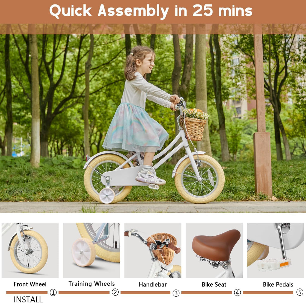 Glerc Little Molly 12-20 Inch Kids Retro Cruiser Bike for 2-13 Year Old with Wicker Basket & Training Wheels/Kickstand, Multiple Colors