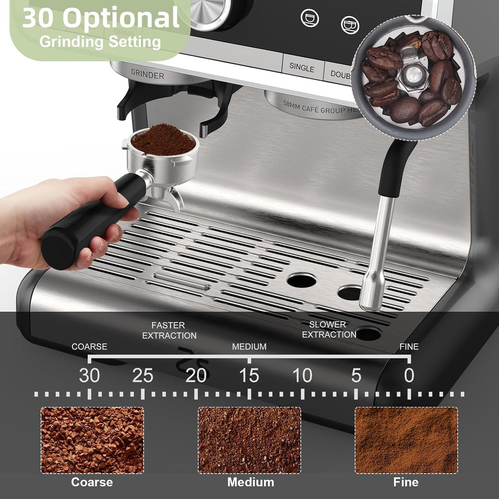 Garvee Espresso Machine With Grinder, 20 Bar Professional Coffee Maker With Milk Frother Steam Wand for Cappuccino, Latte, Macchiato, 95 oz Removable Water Tank, Smart PID Temperature Control