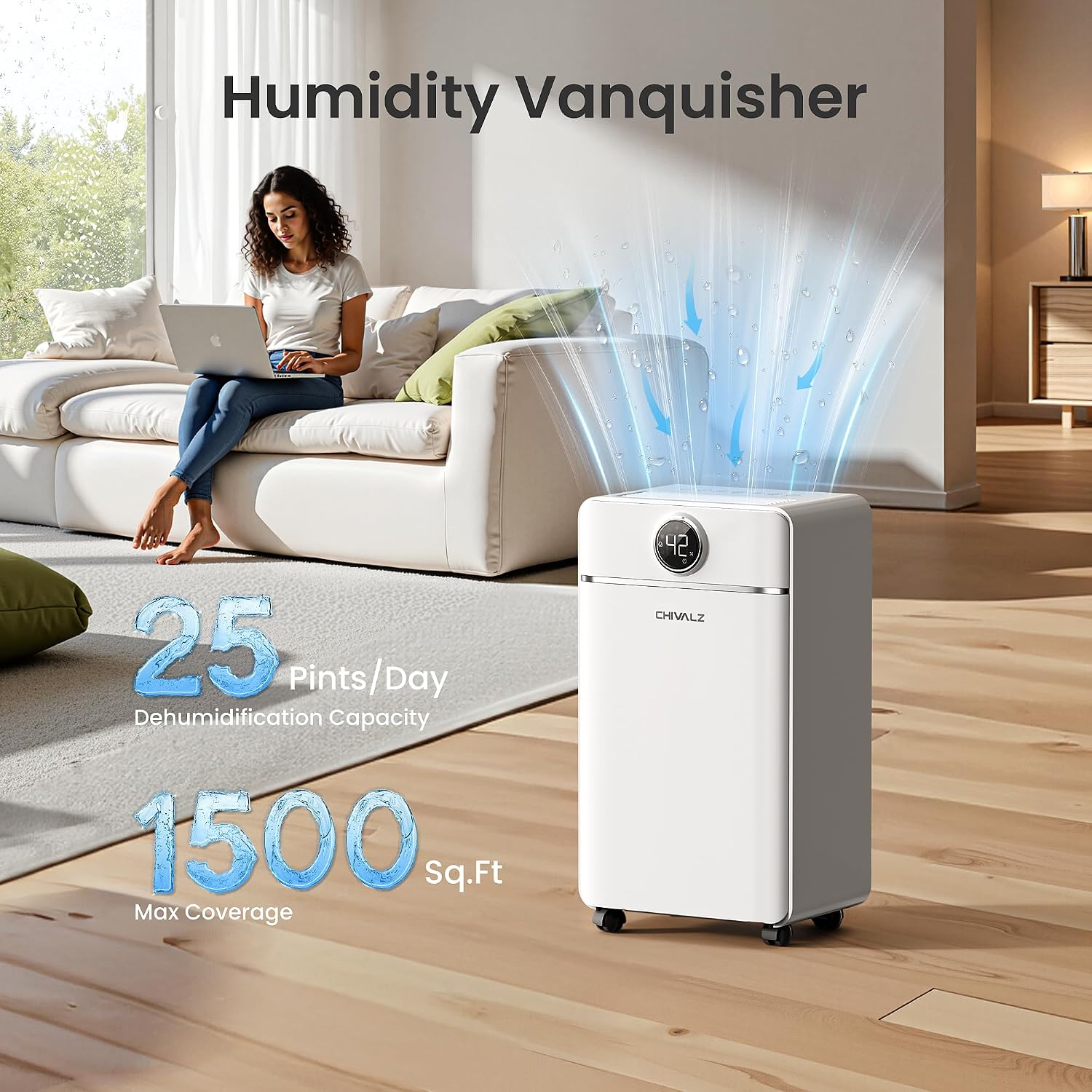 CHIVALZ 1800 Sq.Ft Dehumidifier for Basement, Quiet Dehumidifier for Home, Bedroom, Bathroom, Humidity Display, with Drain Hose, Auto Shut Off, 3 Modes, Timer, Auto Defrost, Child Lock, White 1Pack