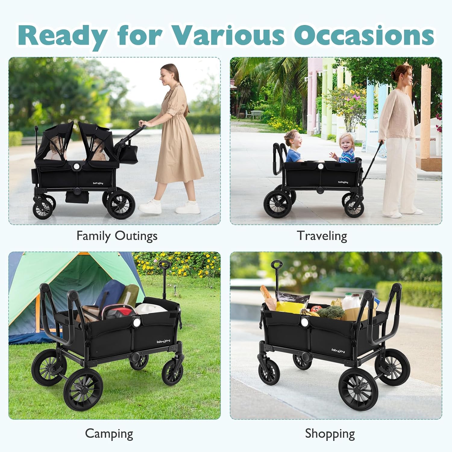 BABY JOY Wagon Stroller for 2 Kids, Collapsible Push Pull Double Stroller Wagon with Adjustable Handle Bar, Removable Canopy, Safety Harness, Cup Holder, Snack Tray & Storage Bag (Black)