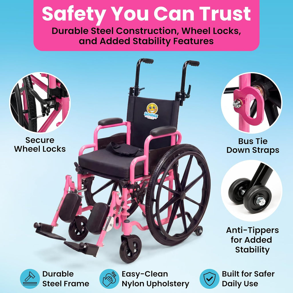 Customize Your Pediatric Wheelchair - 12' or 14' Foldable Narrow Wheelchair for Kids - Fun Colors, Cushion, Seat Belt, Anti Tippers, Padded Arm and Leg Rests, Height Adjustable Push Handles