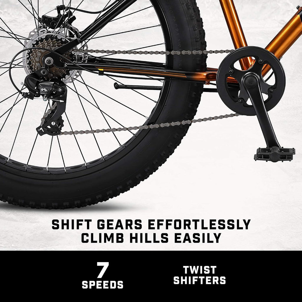 Mongoose Argus Trail or ST Fat Tire Mountain Bike, 20, 24 or 26 Inch Bike for Kids and Adults, 7 or 16 Speed, Aluminum or Steel Frame, Knobby Mountain Fat Tires, Mechanical Disc Brakes