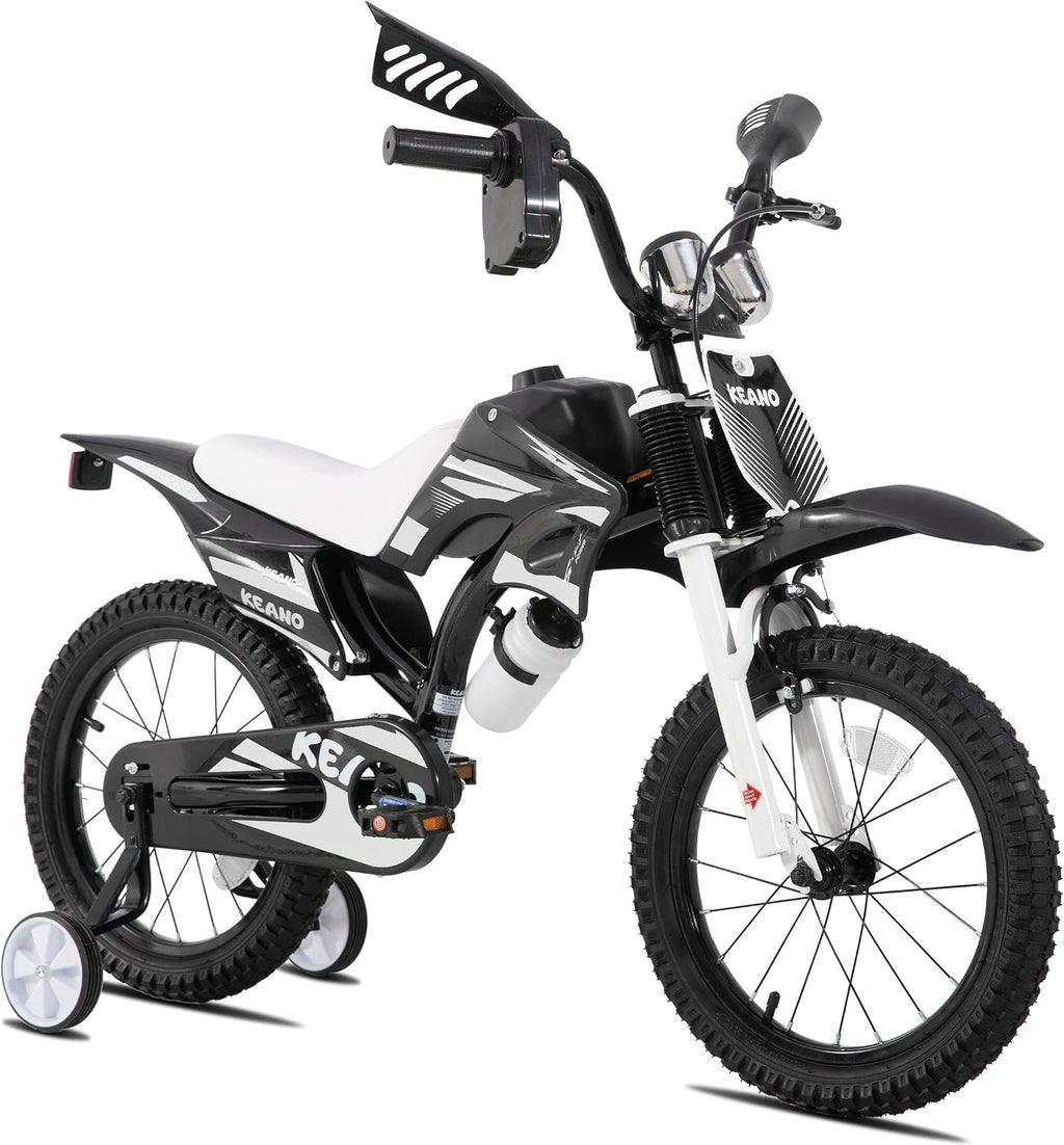 KEANO Motocross Style Kids Bike for Boys Girls Ages 3-7 Years, 12 & 16 Inch Bikes with Training Wheels and Number Plate, Children Bicycles Black