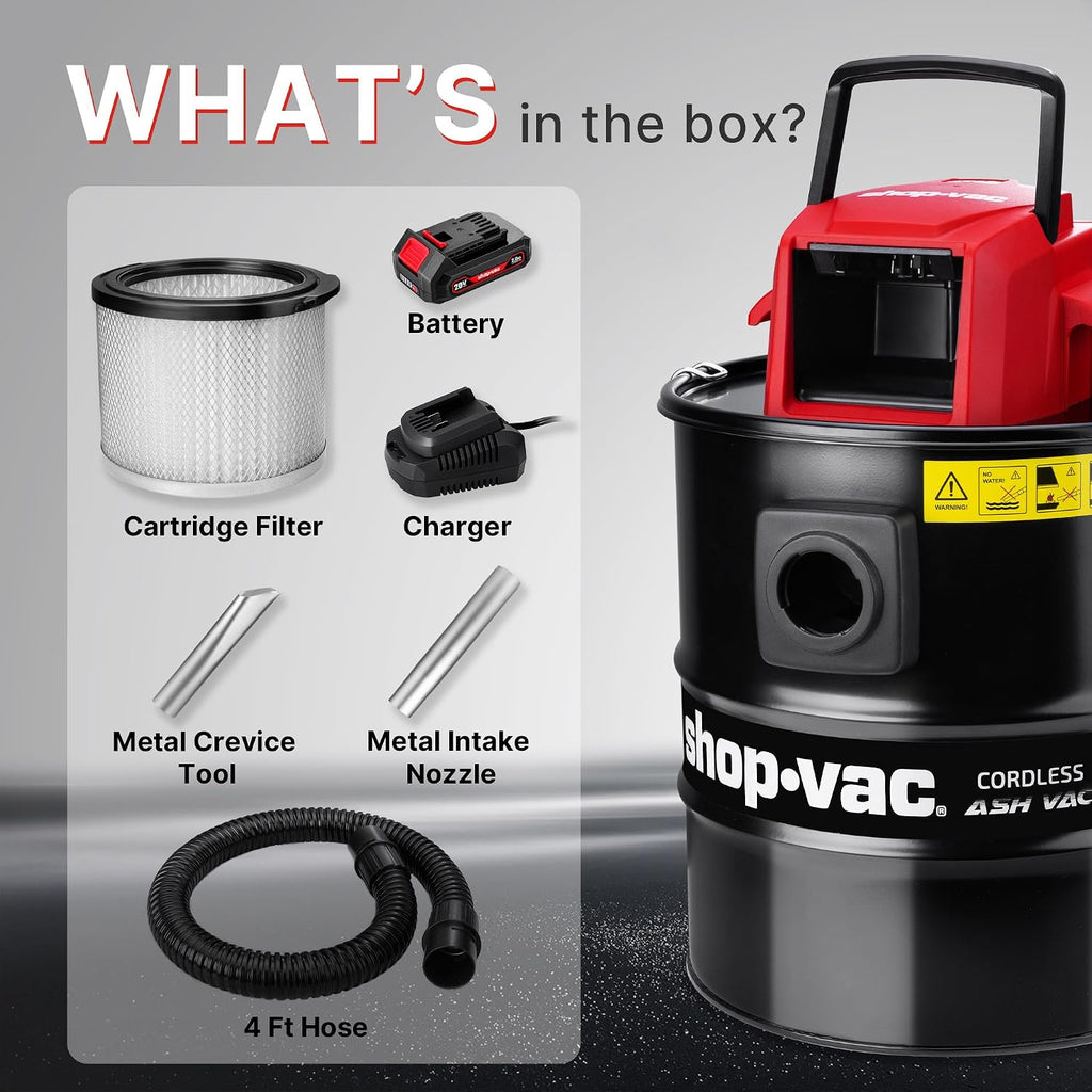 Shop-Vac 5430024 5 Gallon Cordless Ash Vac, 20V Battery, 1.5 in Diameter x 4 Ft Lock-On Hose, Stainless Steel Tank, Includes Blow Feature, Metal Nozzle and Crevice Tool